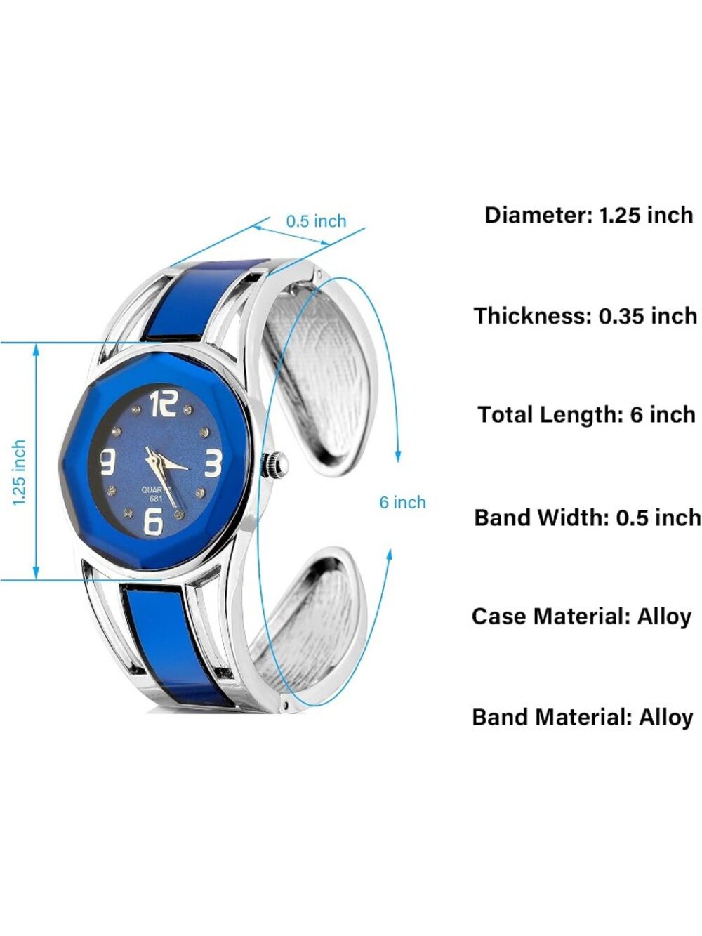 Women's Blue Quartz with Rhinestone Round Dial Stainless Steel Band Cuff Watch - Picture 2 of 7